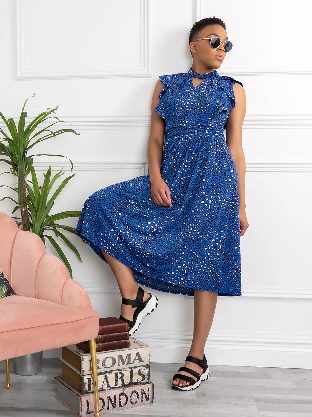 Maahi Frilly Midi Dress, Blue Animal
