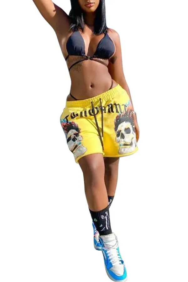 MB FASHION Skull Graphic Drawstring Shorts with Bold Text Print 6027R