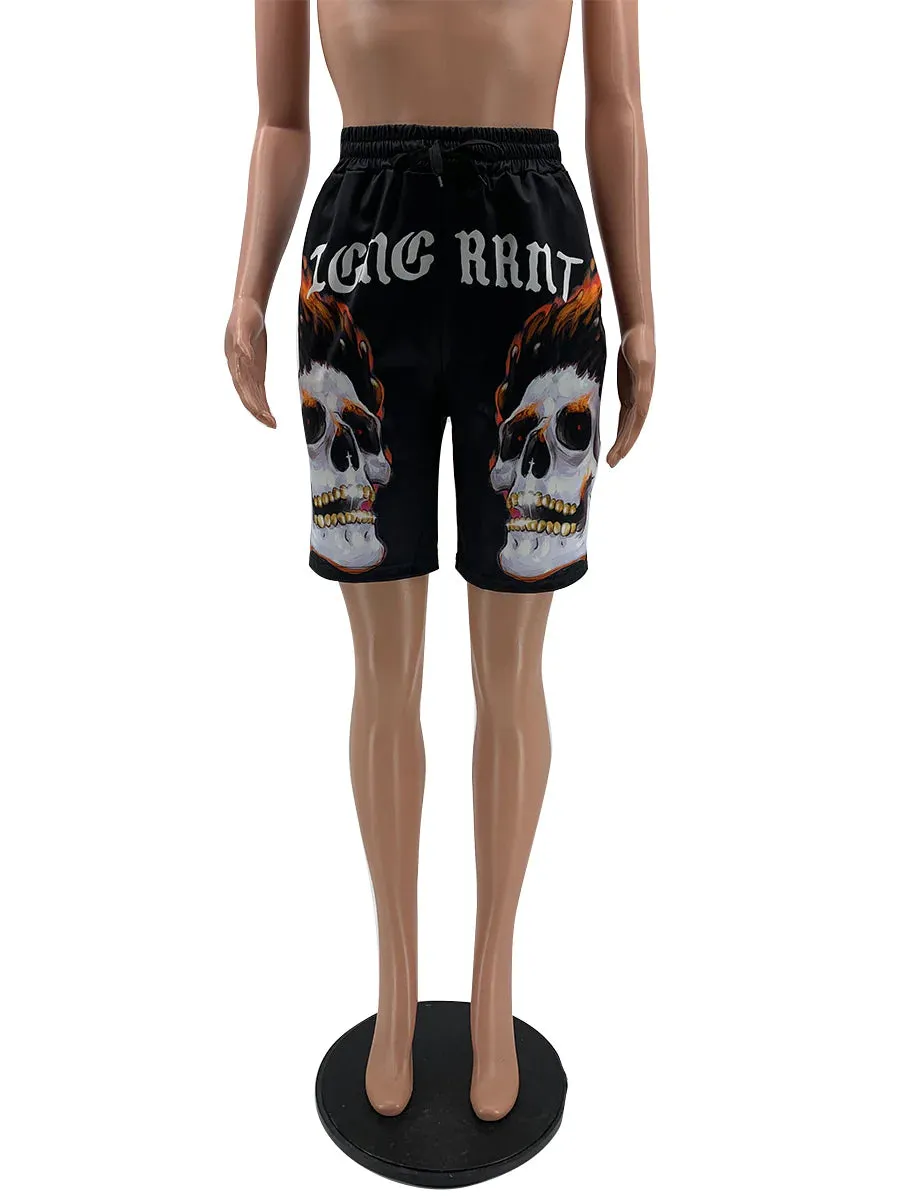 MB FASHION Skull Graphic Drawstring Shorts with Bold Text Print 6027R