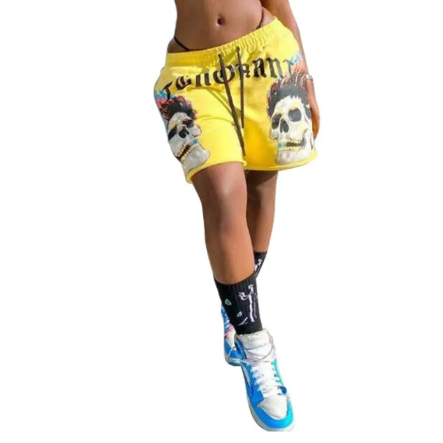 MB FASHION Skull Graphic Drawstring Shorts with Bold Text Print 6027R