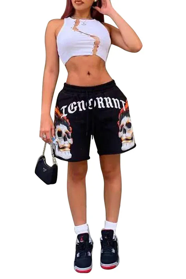 MB FASHION Skull Graphic Drawstring Shorts with Bold Text Print 6027R