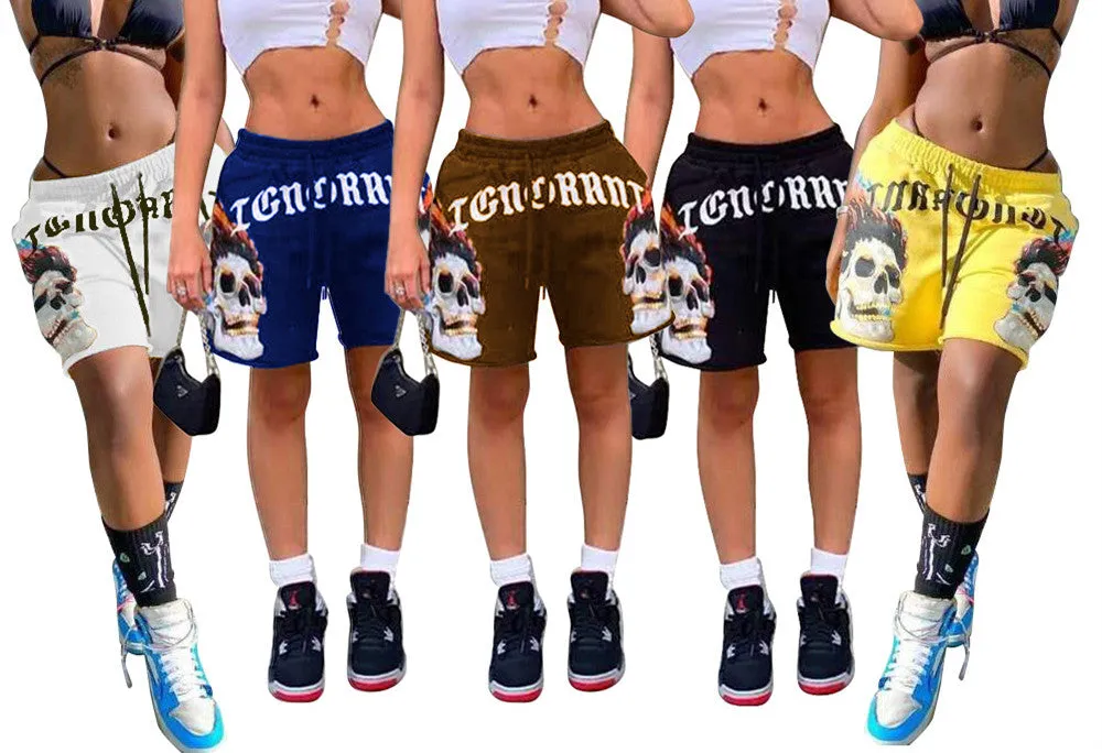 MB FASHION Skull Graphic Drawstring Shorts with Bold Text Print 6027R