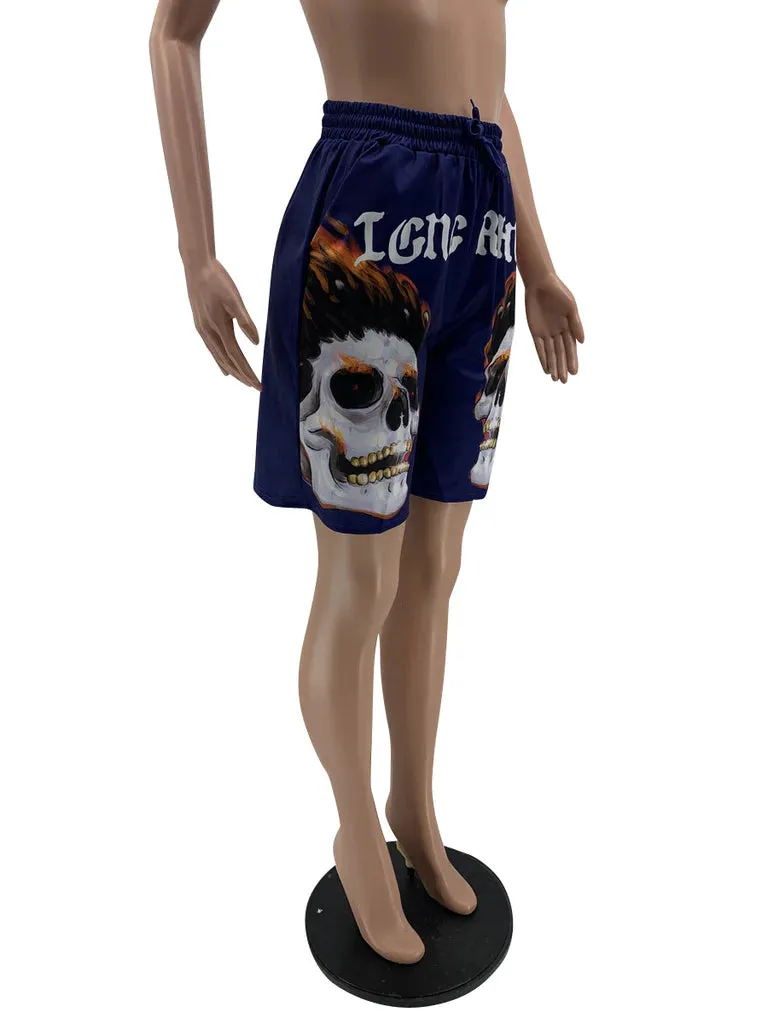 MB FASHION Skull Graphic Drawstring Shorts with Bold Text Print 6027R
