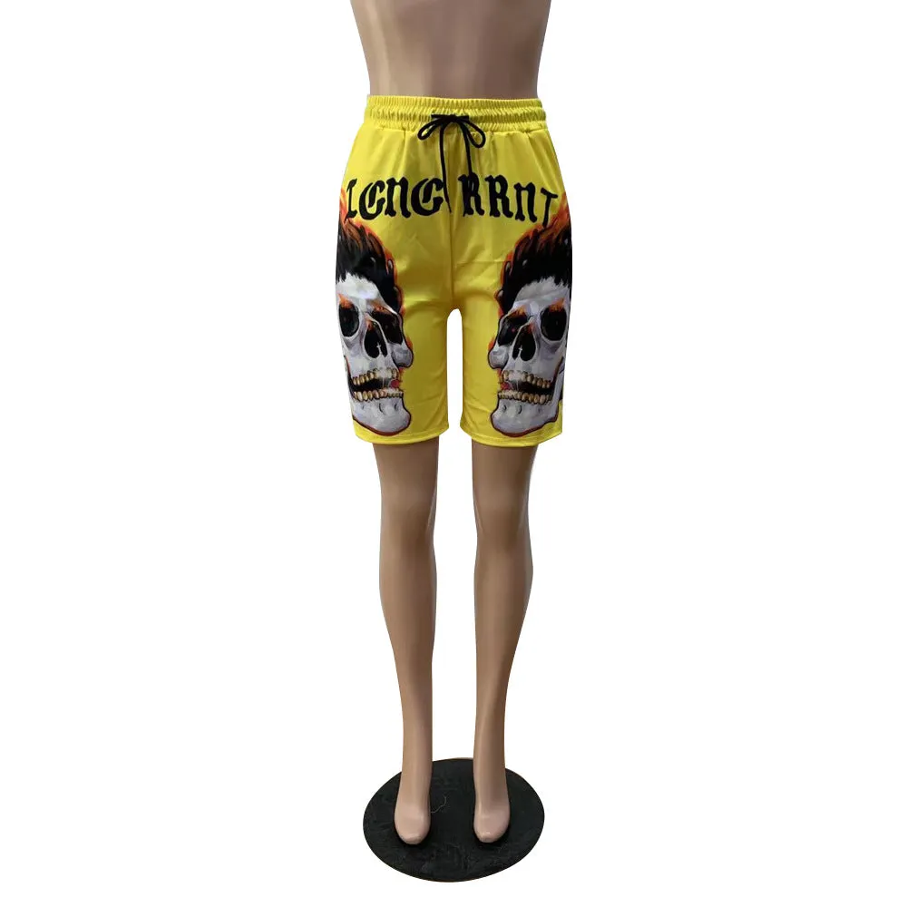 MB FASHION Skull Graphic Drawstring Shorts with Bold Text Print 6027R