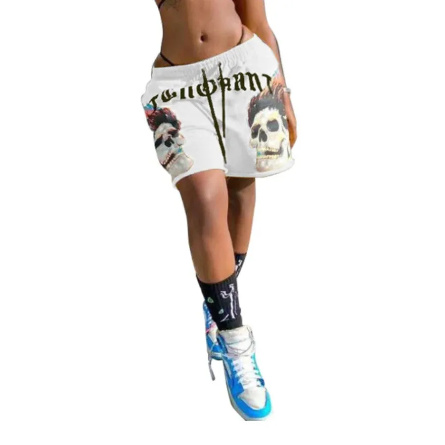MB FASHION Skull Graphic Drawstring Shorts with Bold Text Print 6027R