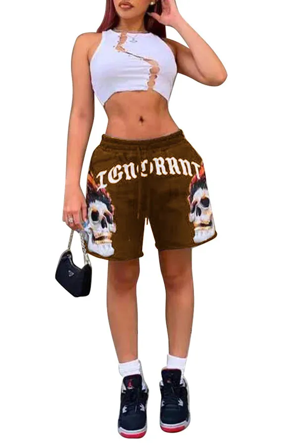 MB FASHION Skull Graphic Drawstring Shorts with Bold Text Print 6027R