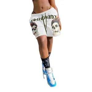 MB FASHION Skull Graphic Drawstring Shorts with Bold Text Print 6027R