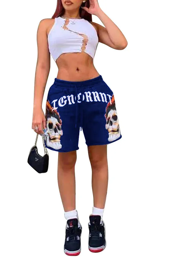 MB FASHION Skull Graphic Drawstring Shorts with Bold Text Print 6027R