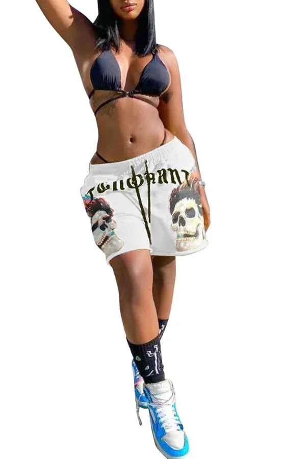 MB FASHION Skull Graphic Drawstring Shorts with Bold Text Print 6027R