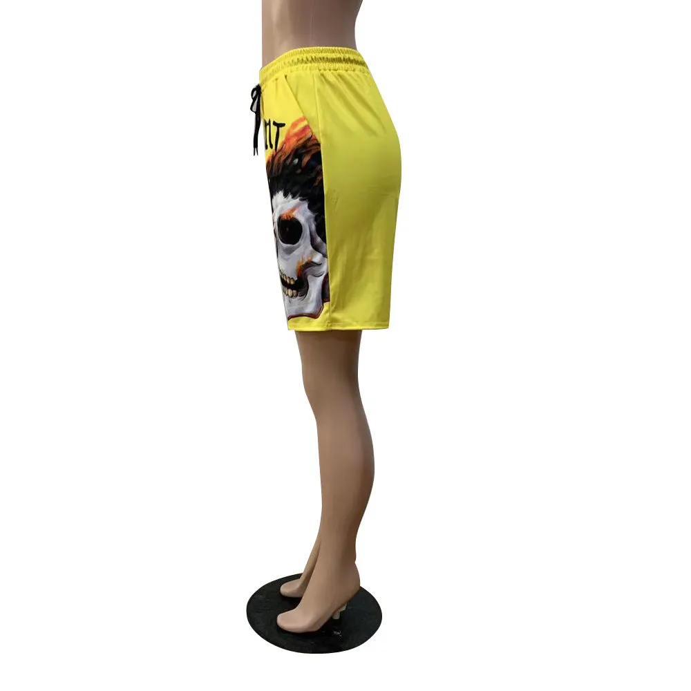 MB FASHION Skull Graphic Drawstring Shorts with Bold Text Print 6027R