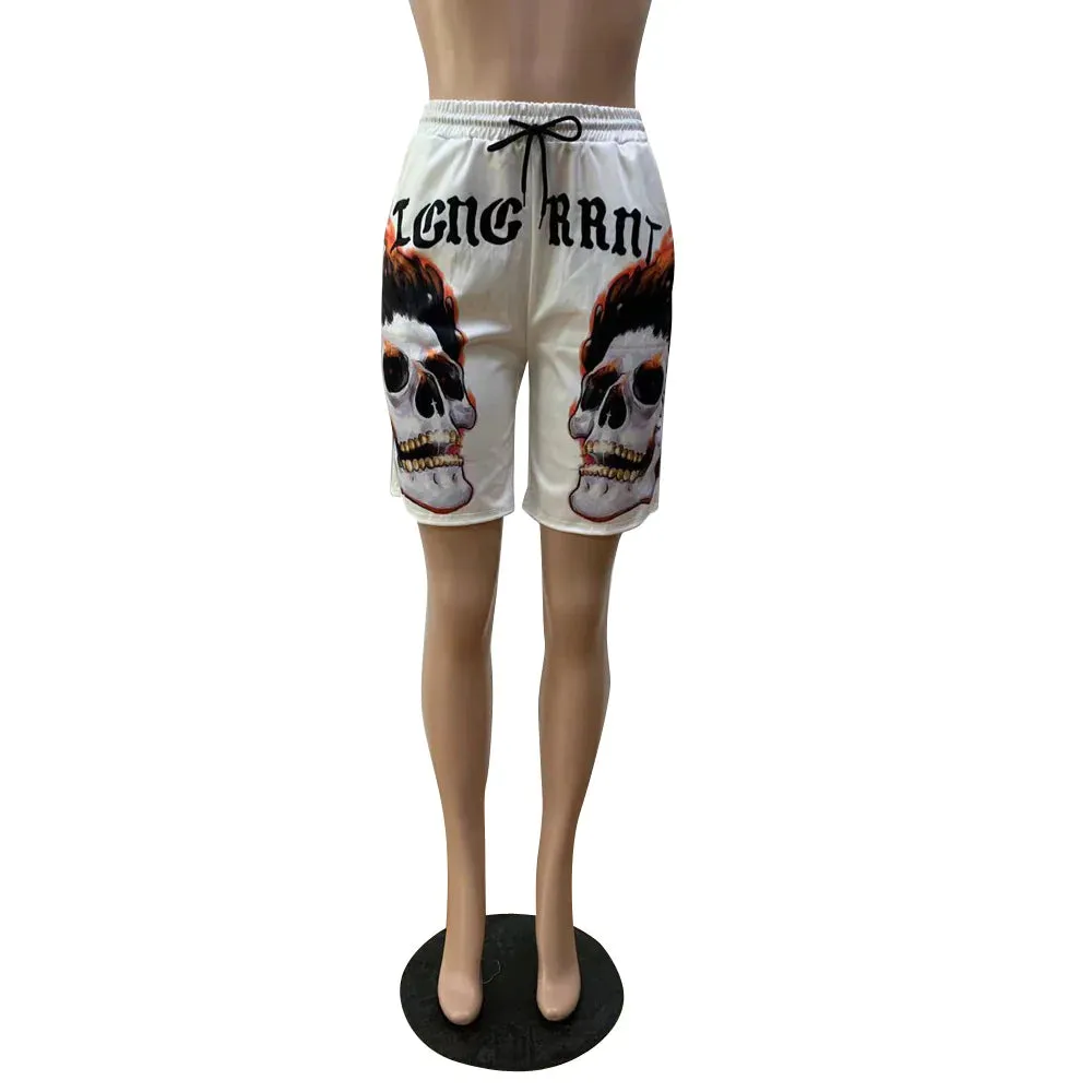MB FASHION Skull Graphic Drawstring Shorts with Bold Text Print 6027R