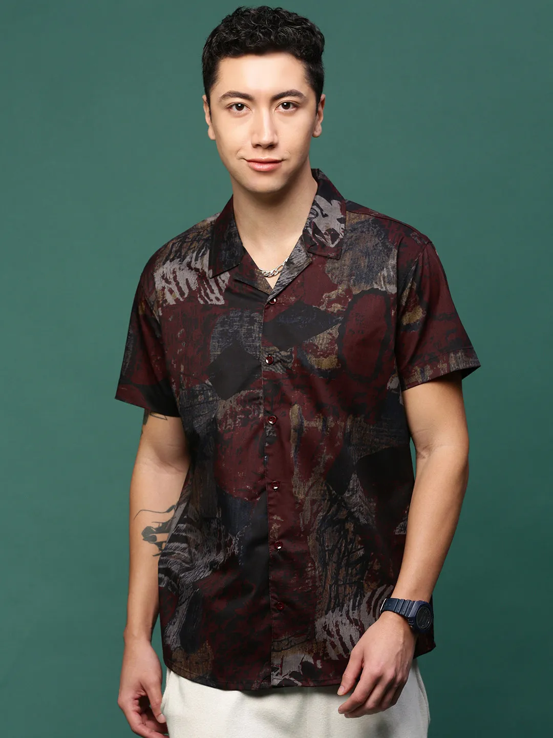 Men Maroon Abstract Cuban Collar Shirt