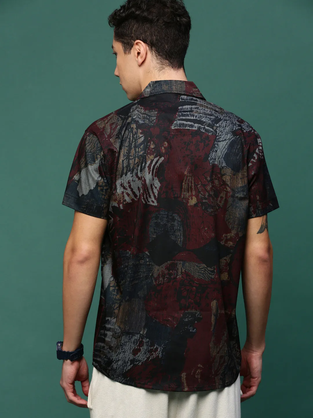 Men Maroon Abstract Cuban Collar Shirt