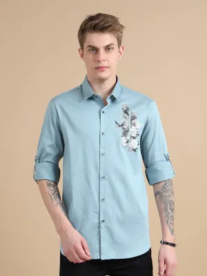 Men Sky Blue Slim Fit Solid Chest Print Full Sleeve Casual Shirt