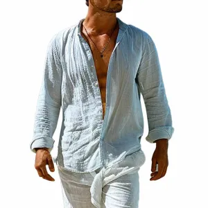 Men's Cotton and Linen Casual Stand Collar Long Sleeve Shirt 60215869X