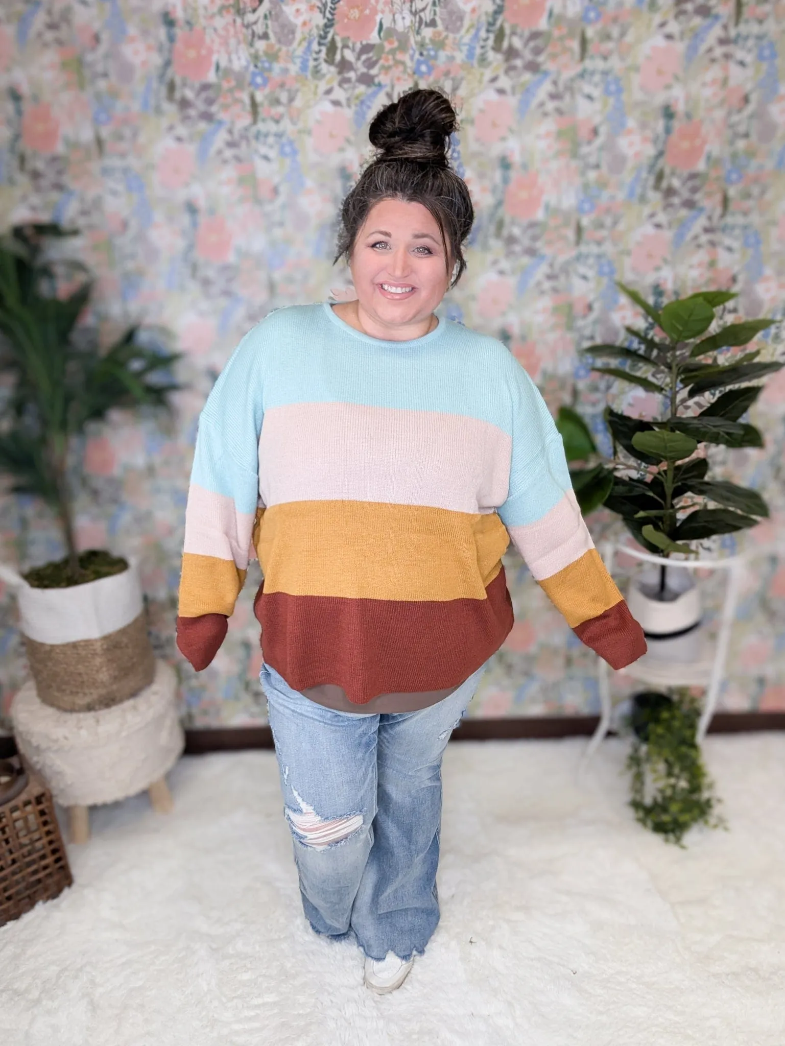 Mindy Colorblock Scoopneck Sweater in Mint, Peach, Gold & Rust