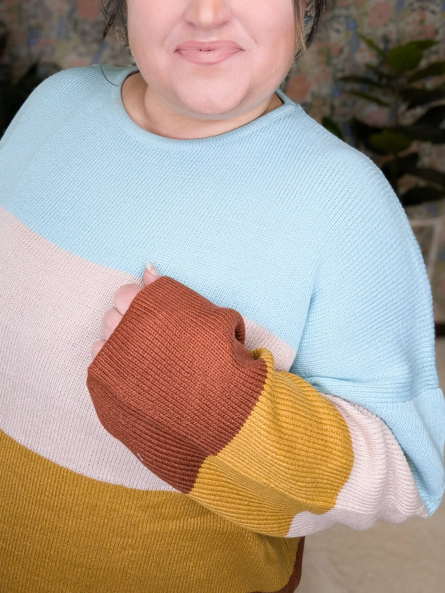 Mindy Colorblock Scoopneck Sweater in Mint, Peach, Gold & Rust