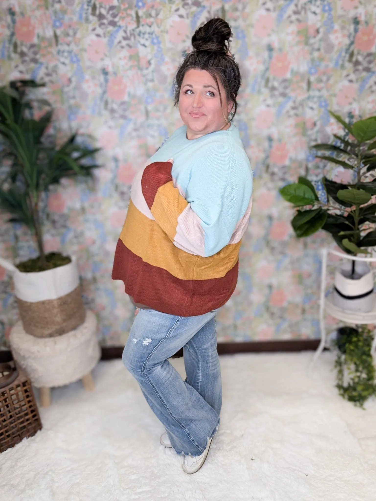 Mindy Colorblock Scoopneck Sweater in Mint, Peach, Gold & Rust