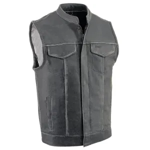 MLM3513 Men's Naked Leather Club Style Vest- Concealed Snaps Zipper Closure Motorcycle Rider Vest