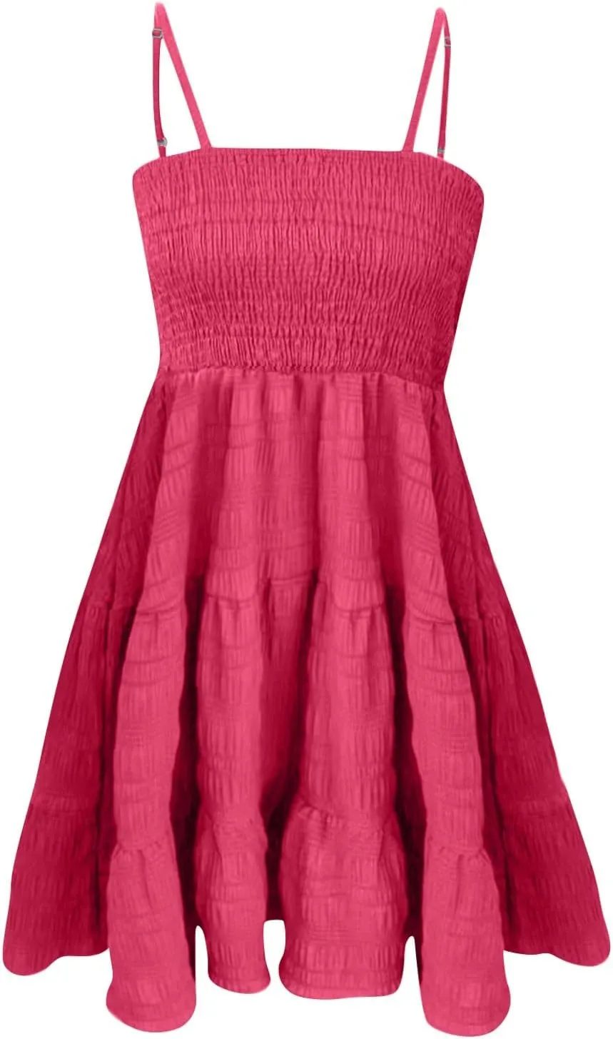 NBXNZWF Women Summer Dresses Square Neck Spaghetti Strap Dress Casual Sleeveless Ruched Bust A Line Tiered Beach Sundress
