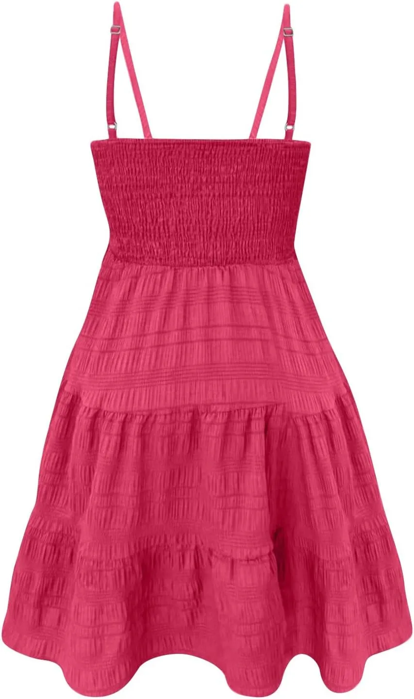 NBXNZWF Women Summer Dresses Square Neck Spaghetti Strap Dress Casual Sleeveless Ruched Bust A Line Tiered Beach Sundress