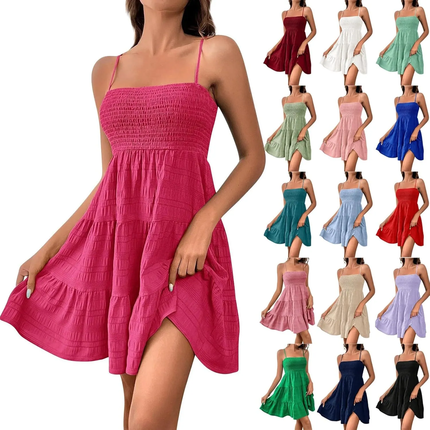NBXNZWF Women Summer Dresses Square Neck Spaghetti Strap Dress Casual Sleeveless Ruched Bust A Line Tiered Beach Sundress