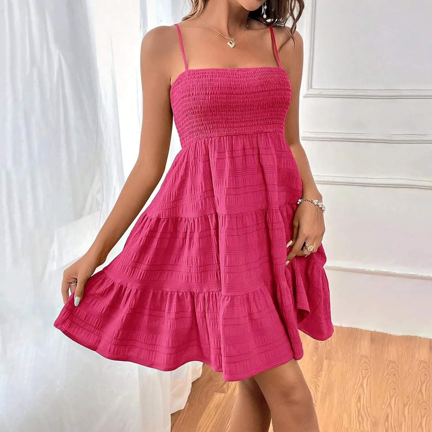 NBXNZWF Women Summer Dresses Square Neck Spaghetti Strap Dress Casual Sleeveless Ruched Bust A Line Tiered Beach Sundress