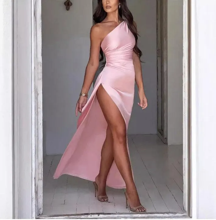 One Shoulder Dress Backless - Slim Fit Summer Split Satin Dresses for Women