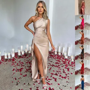 One Shoulder Dress Backless - Slim Fit Summer Split Satin Dresses for Women