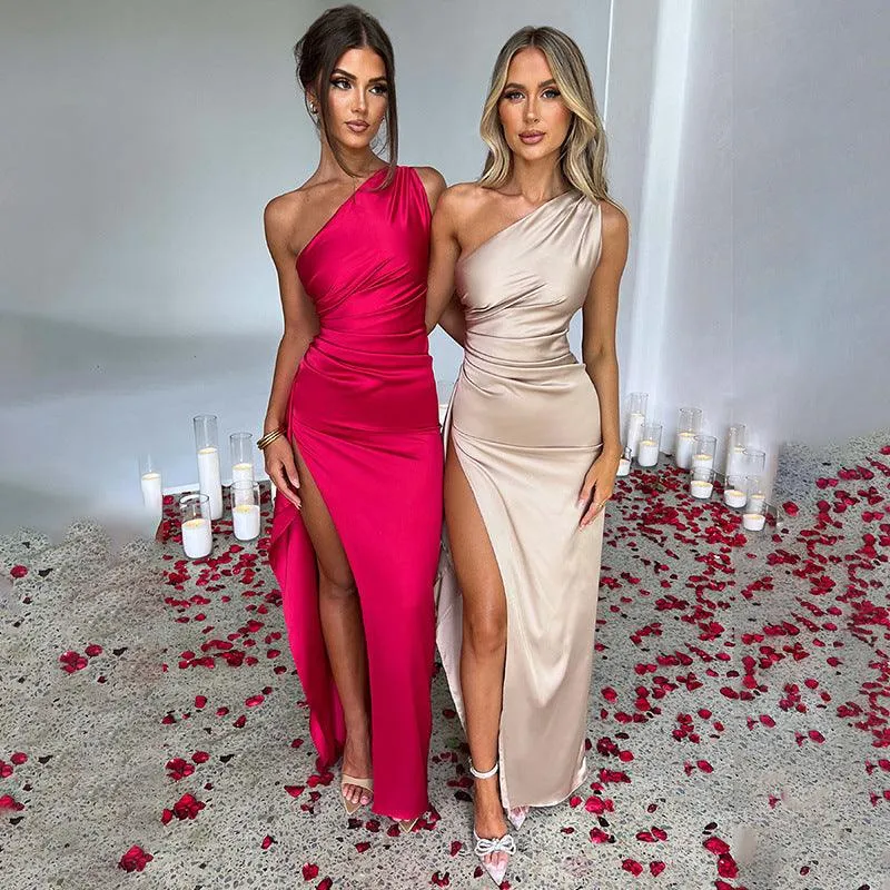One Shoulder Dress Backless - Slim Fit Summer Split Satin Dresses for Women