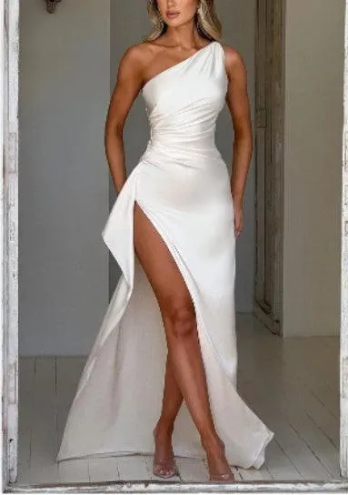 One Shoulder Dress Backless - Slim Fit Summer Split Satin Dresses for Women
