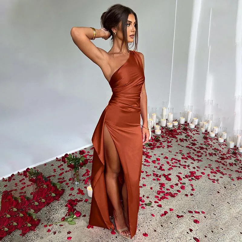 One Shoulder Dress Backless - Slim Fit Summer Split Satin Dresses for Women