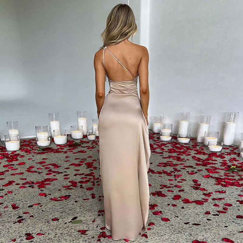 One Shoulder Dress Backless - Slim Fit Summer Split Satin Dresses for Women