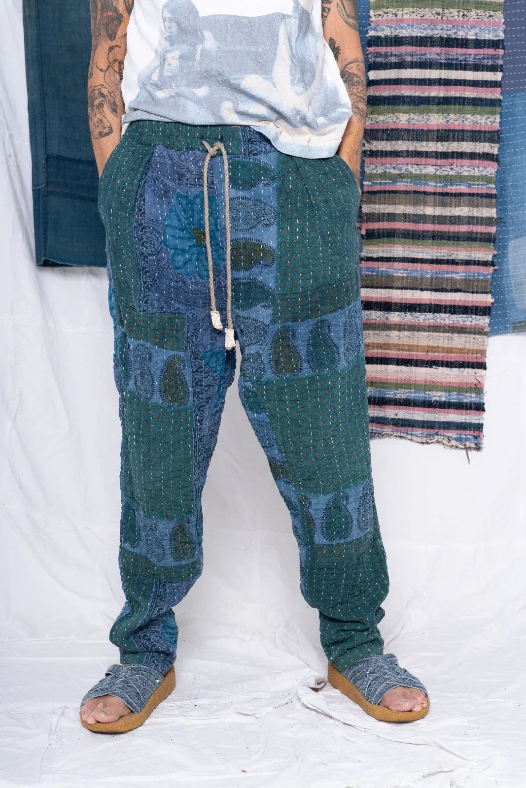 P70 Pleated Easy Pant Vintage Kantha Quilt Indigo
