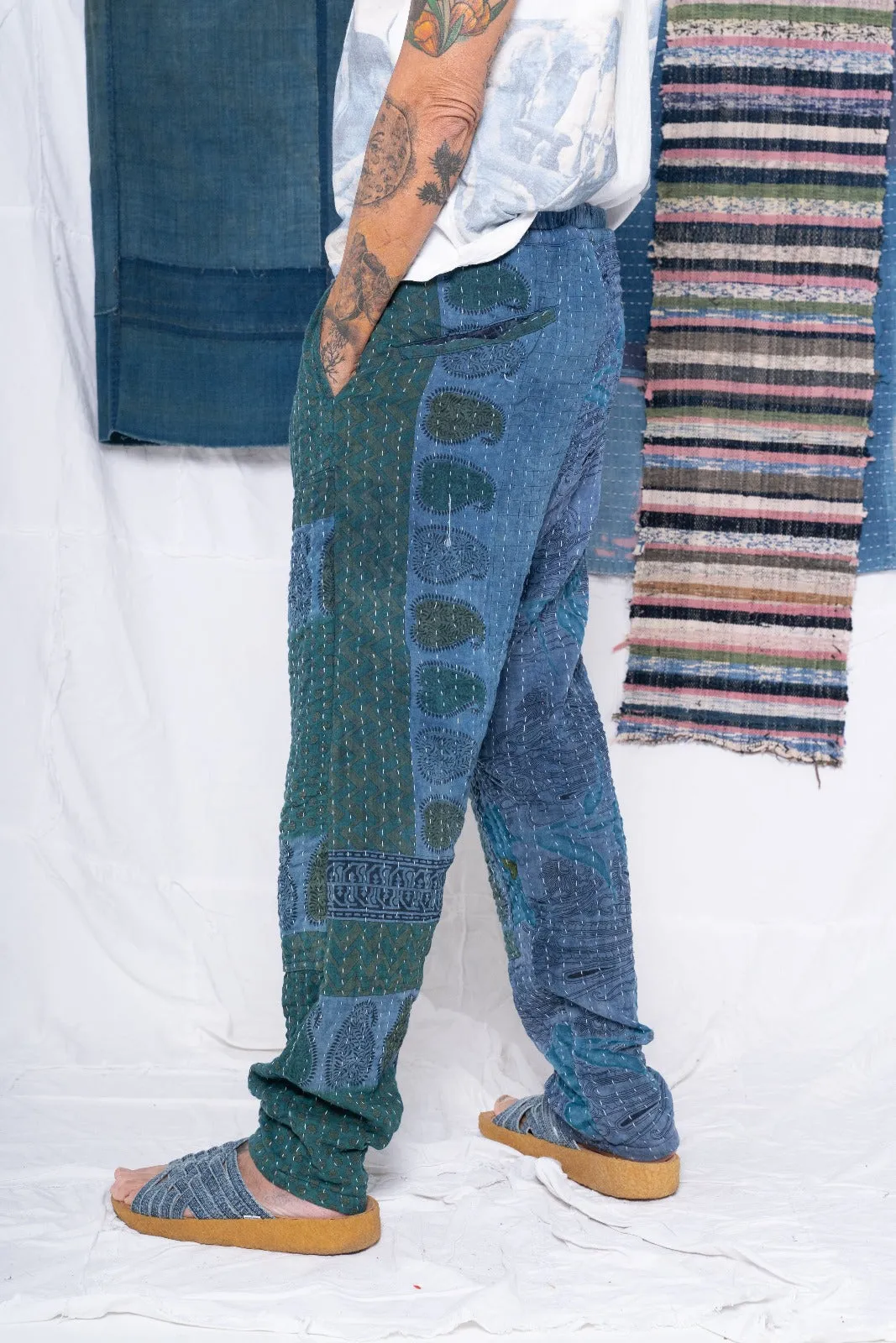 P70 Pleated Easy Pant Vintage Kantha Quilt Indigo