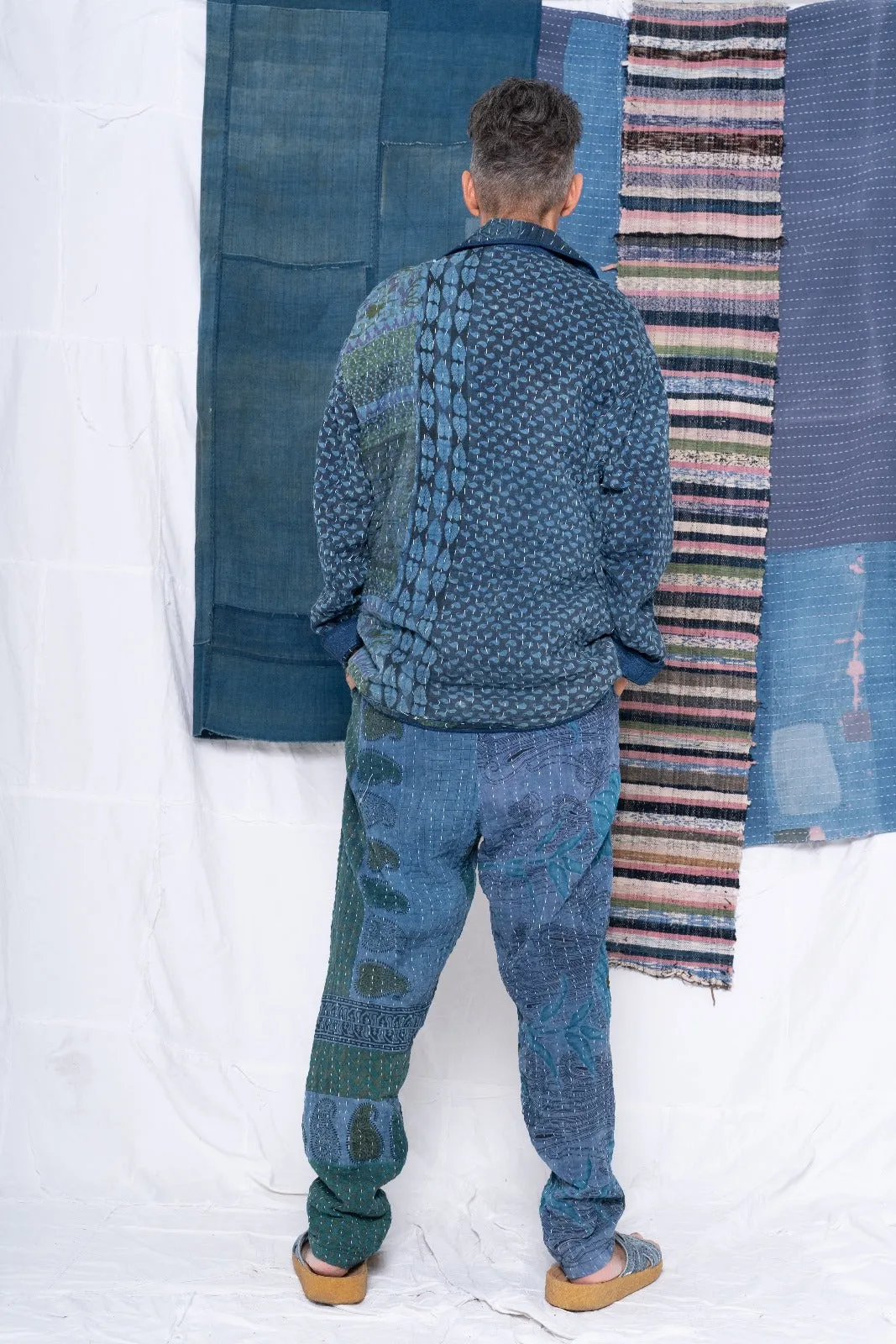 P70 Pleated Easy Pant Vintage Kantha Quilt Indigo