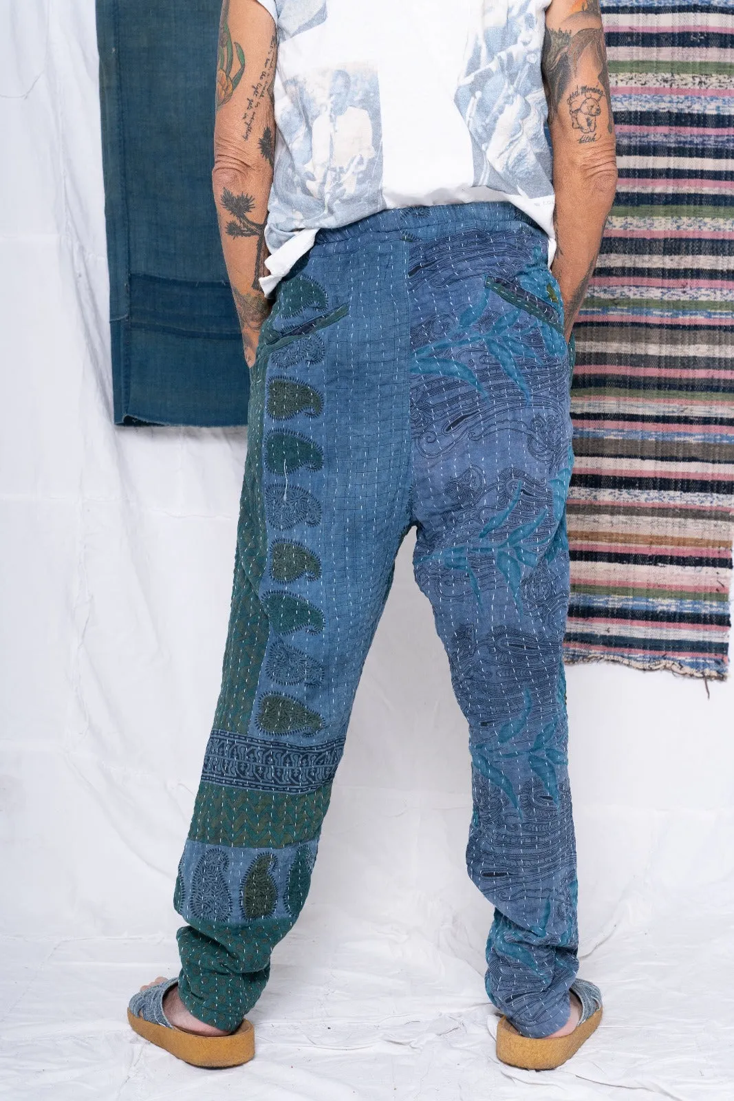 P70 Pleated Easy Pant Vintage Kantha Quilt Indigo