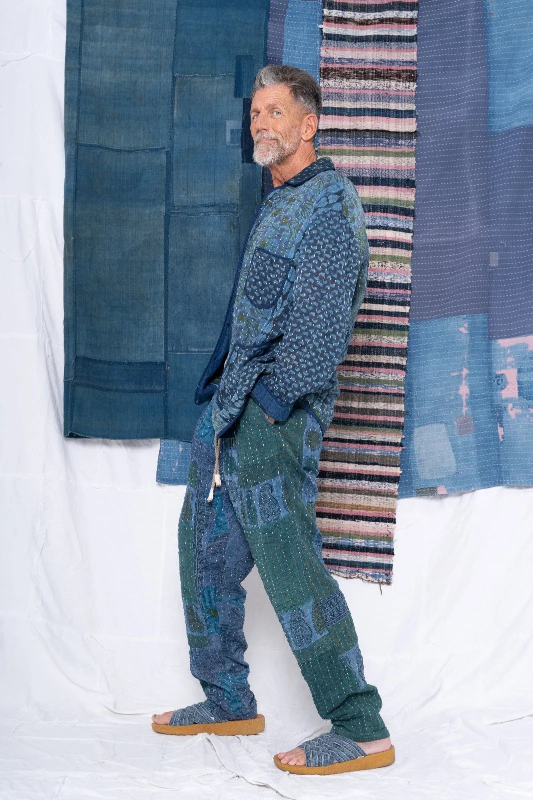 P70 Pleated Easy Pant Vintage Kantha Quilt Indigo