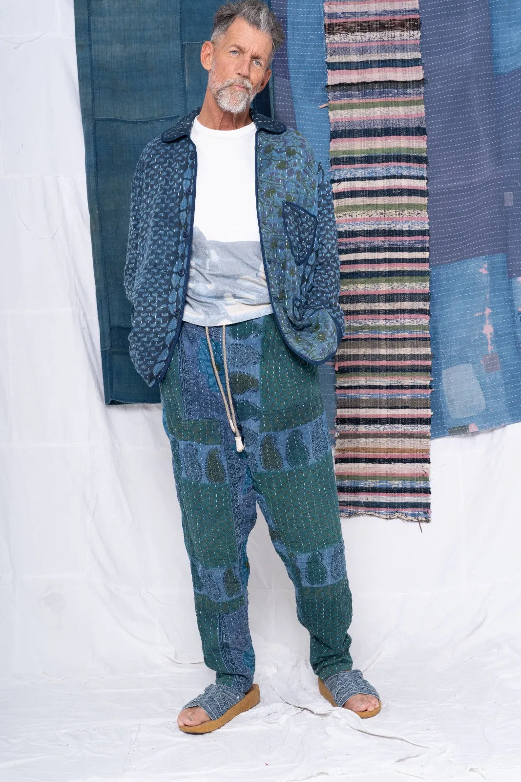 P70 Pleated Easy Pant Vintage Kantha Quilt Indigo