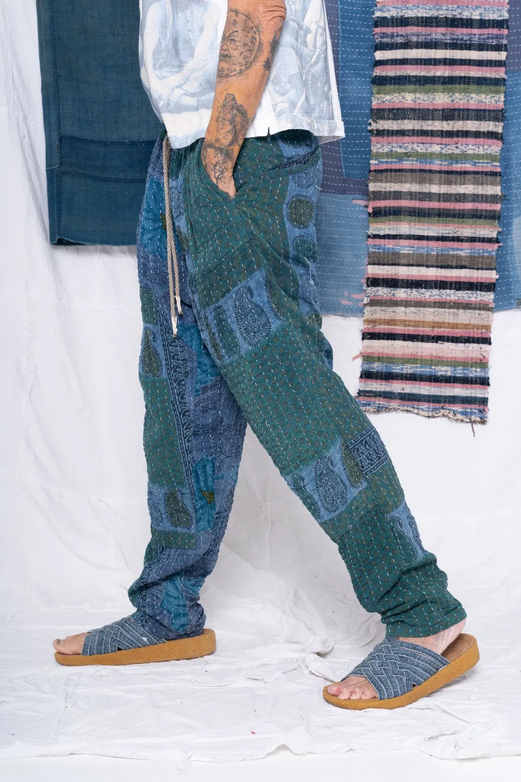 P70 Pleated Easy Pant Vintage Kantha Quilt Indigo