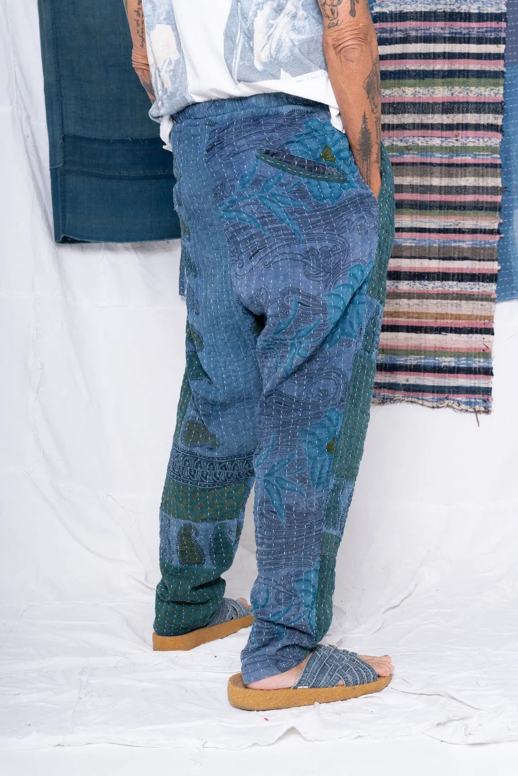 P70 Pleated Easy Pant Vintage Kantha Quilt Indigo
