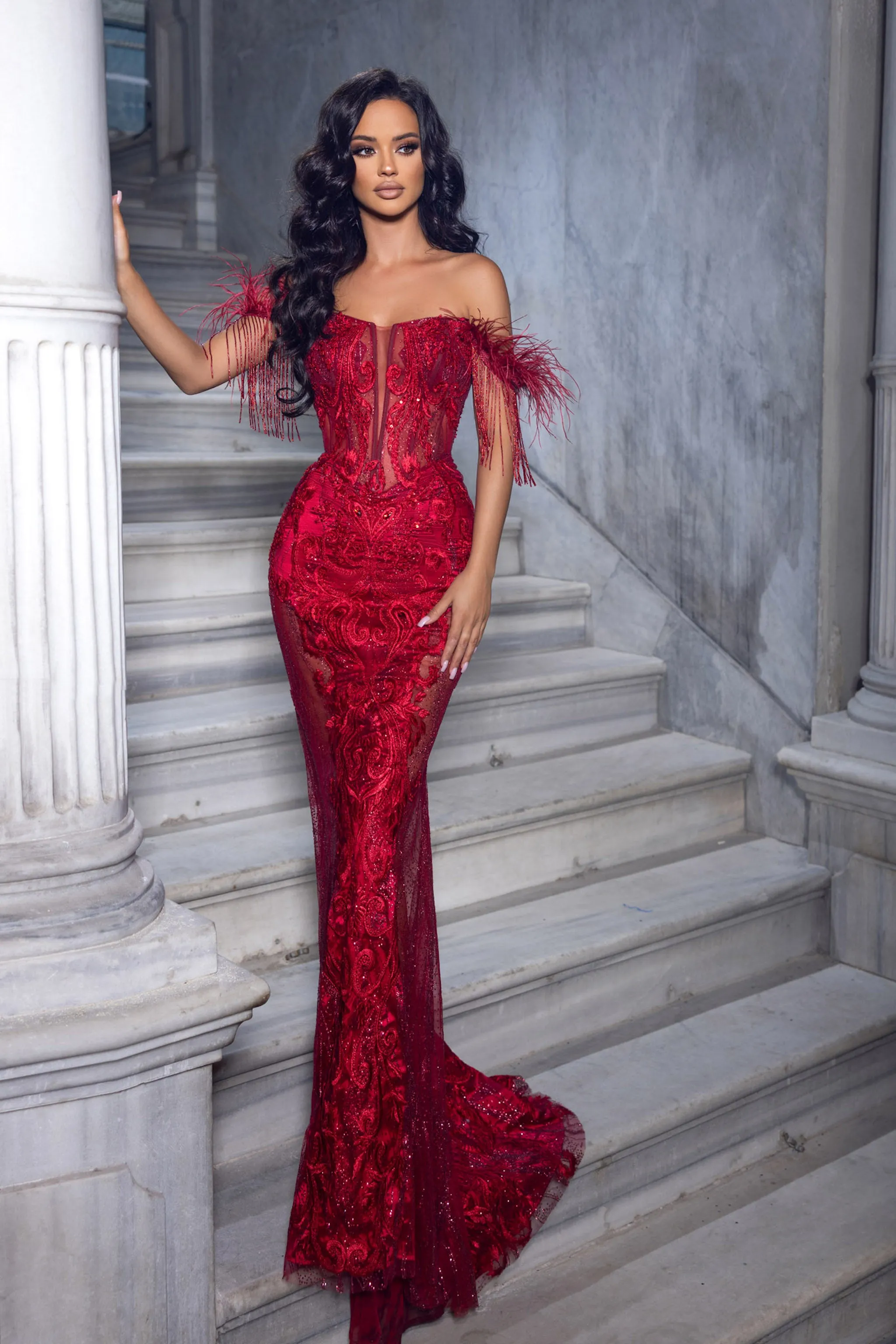 PORTIA & SCARLETT PS23441 Feather Cap Sleeves Corset Gown