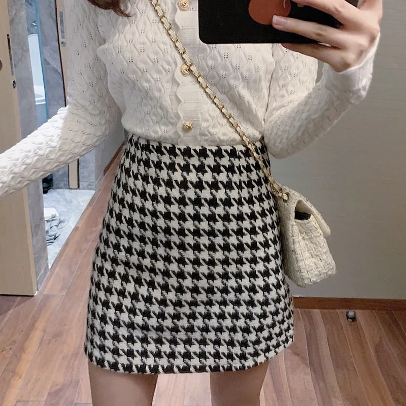 Preppy Style Houndstooth Plaid High Waist Mini Skirts