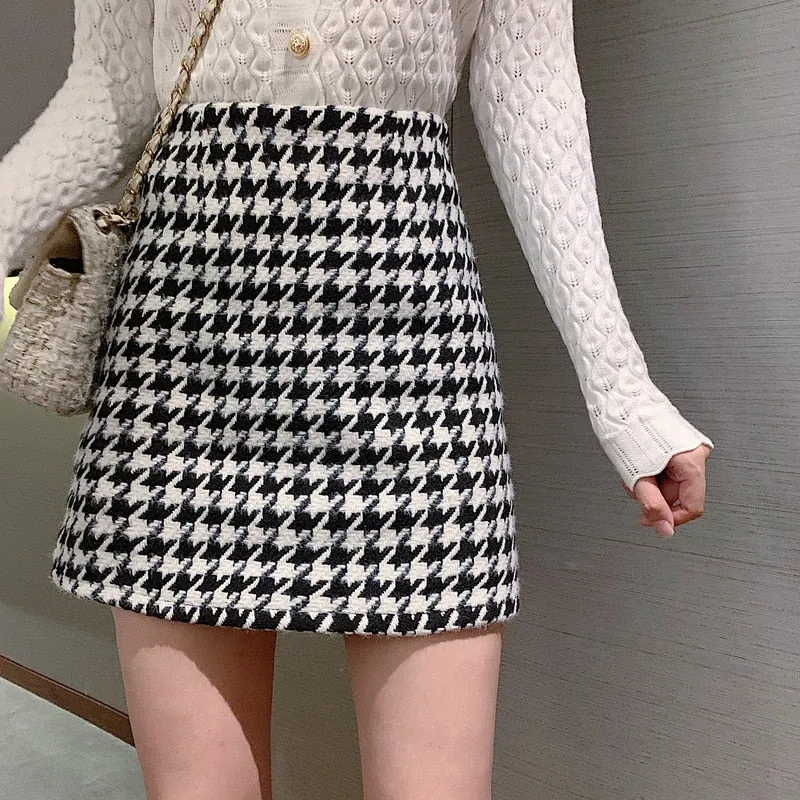 Preppy Style Houndstooth Plaid High Waist Mini Skirts