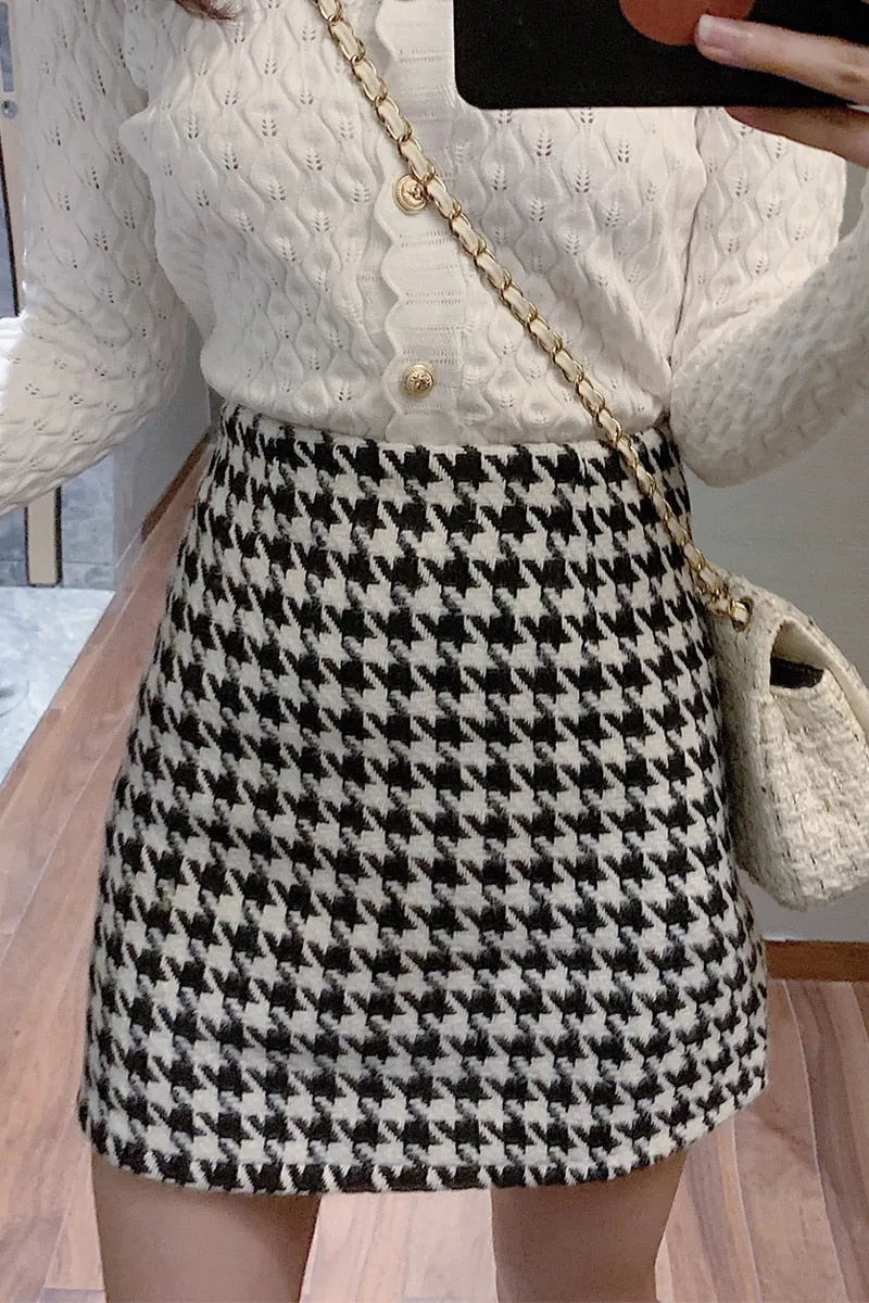 Preppy Style Houndstooth Plaid High Waist Mini Skirts