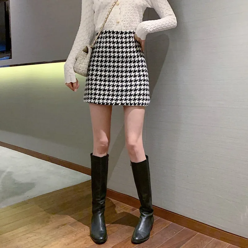 Preppy Style Houndstooth Plaid High Waist Mini Skirts