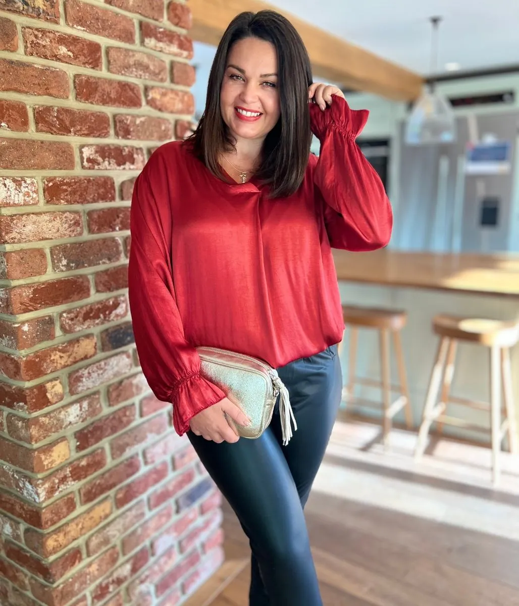 Red Satin Popover Top