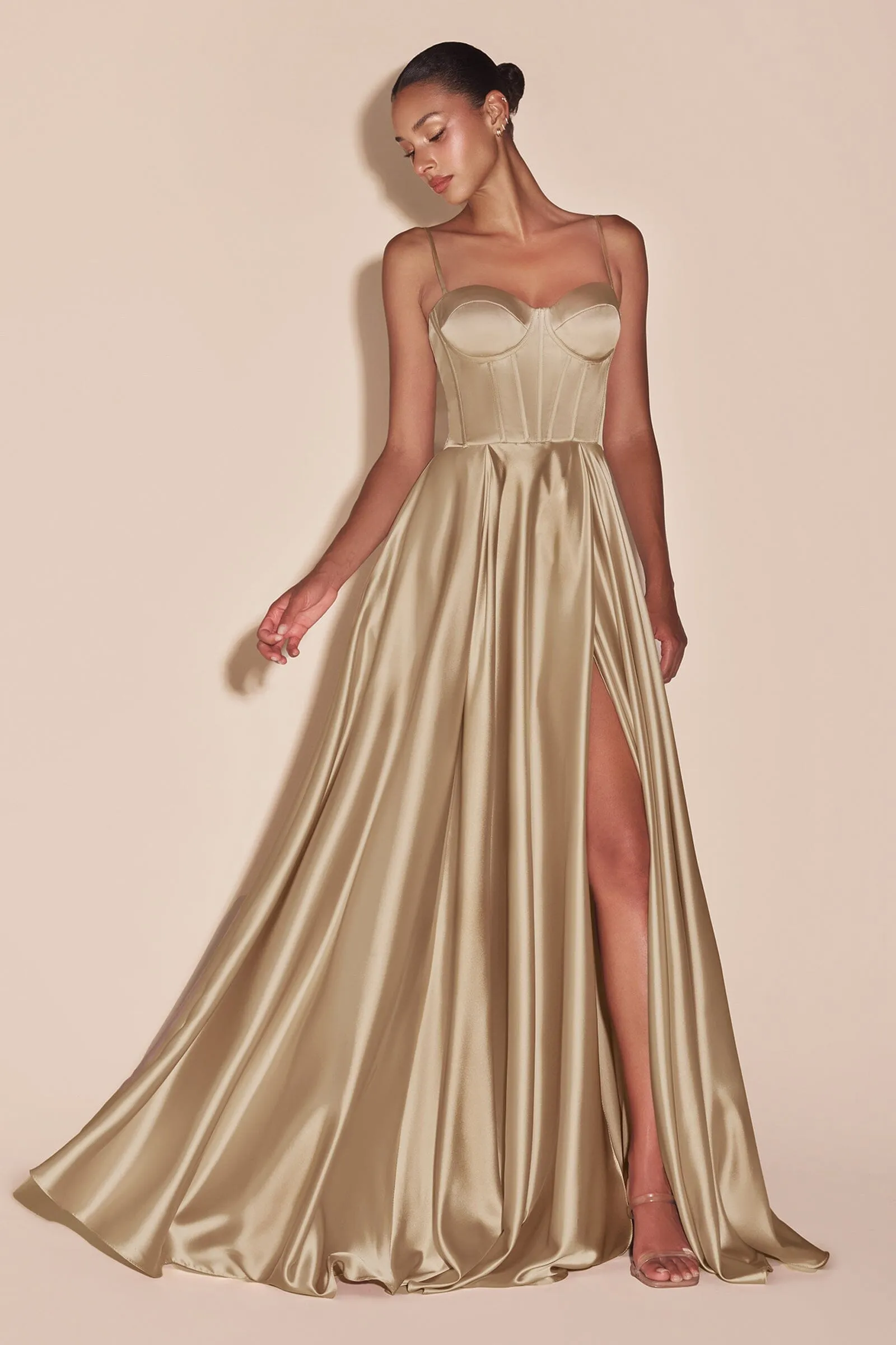 Satin Sleeveless Corset A-line Slit Gown by Ladivine CD337