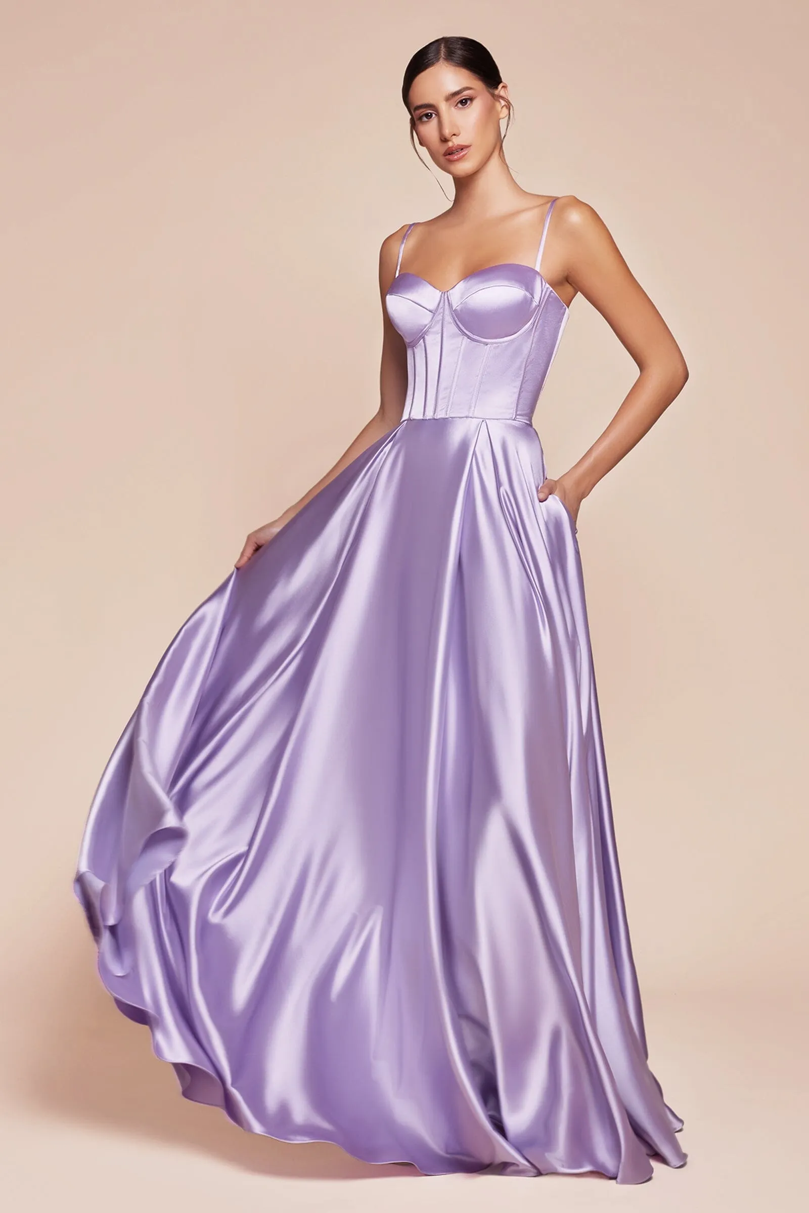 Satin Sleeveless Corset A-line Slit Gown by Ladivine CD337