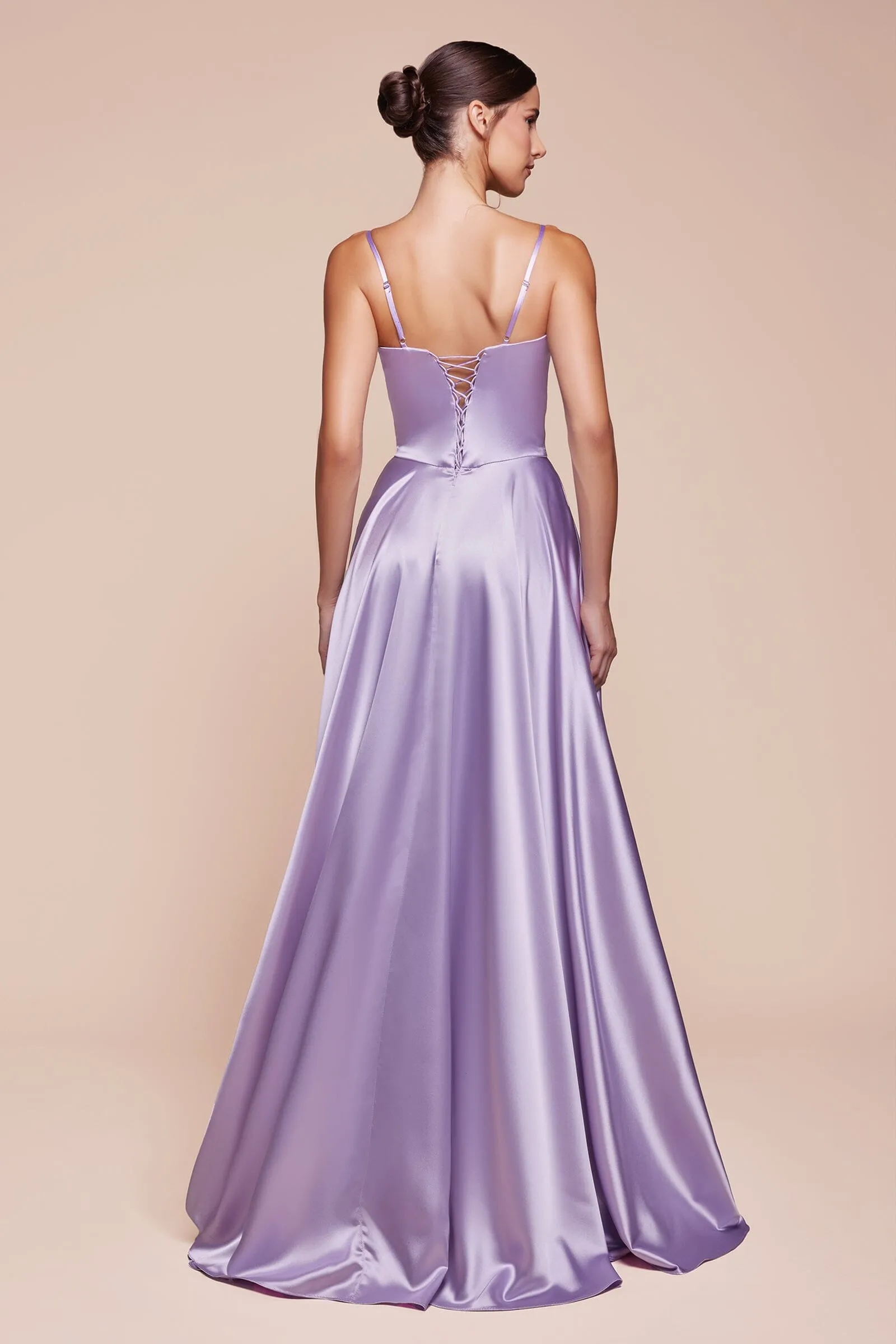 Satin Sleeveless Corset A-line Slit Gown by Ladivine CD337